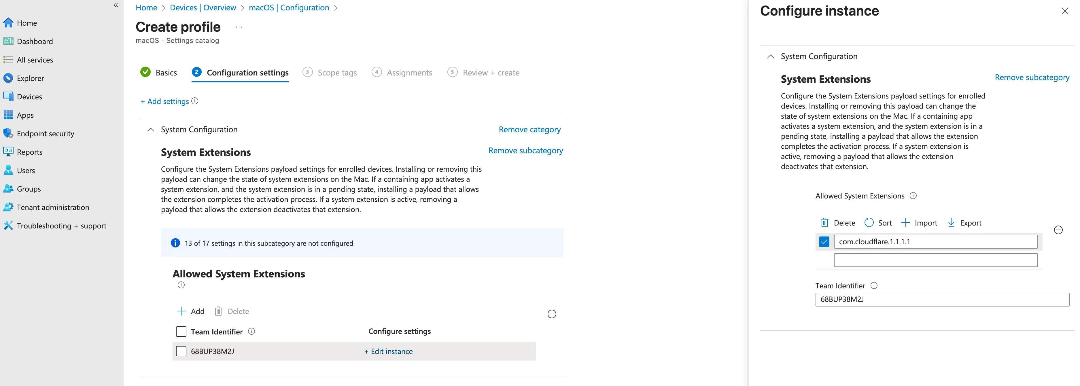 Intune admin console where you enter team identifier and bundle identifier